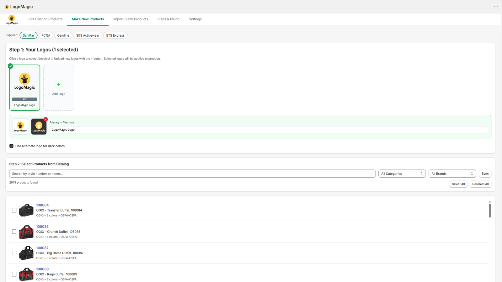 LogoMagic setup screen showing logo selection and product catalog browsing