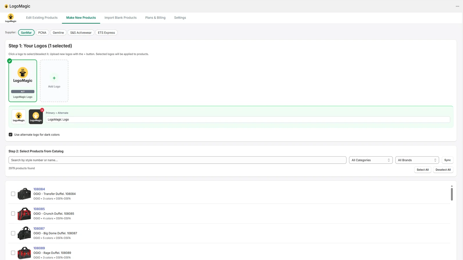 LogoMagic setup screen showing logo selection and product catalog browsing