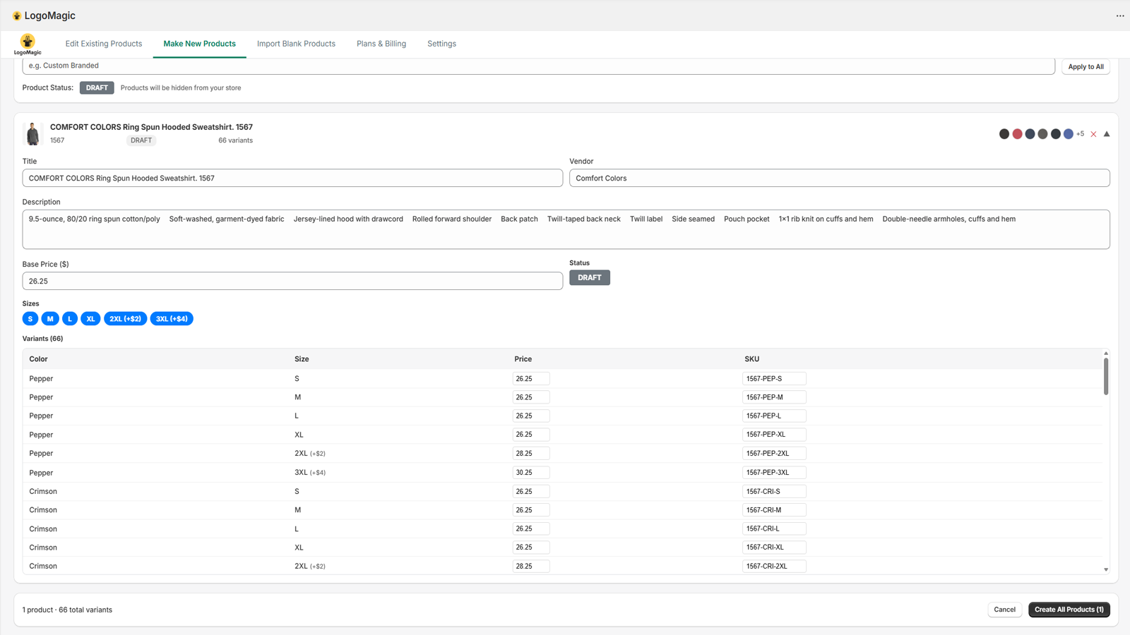 LogoMagic review screen showing product details and variants before publishing