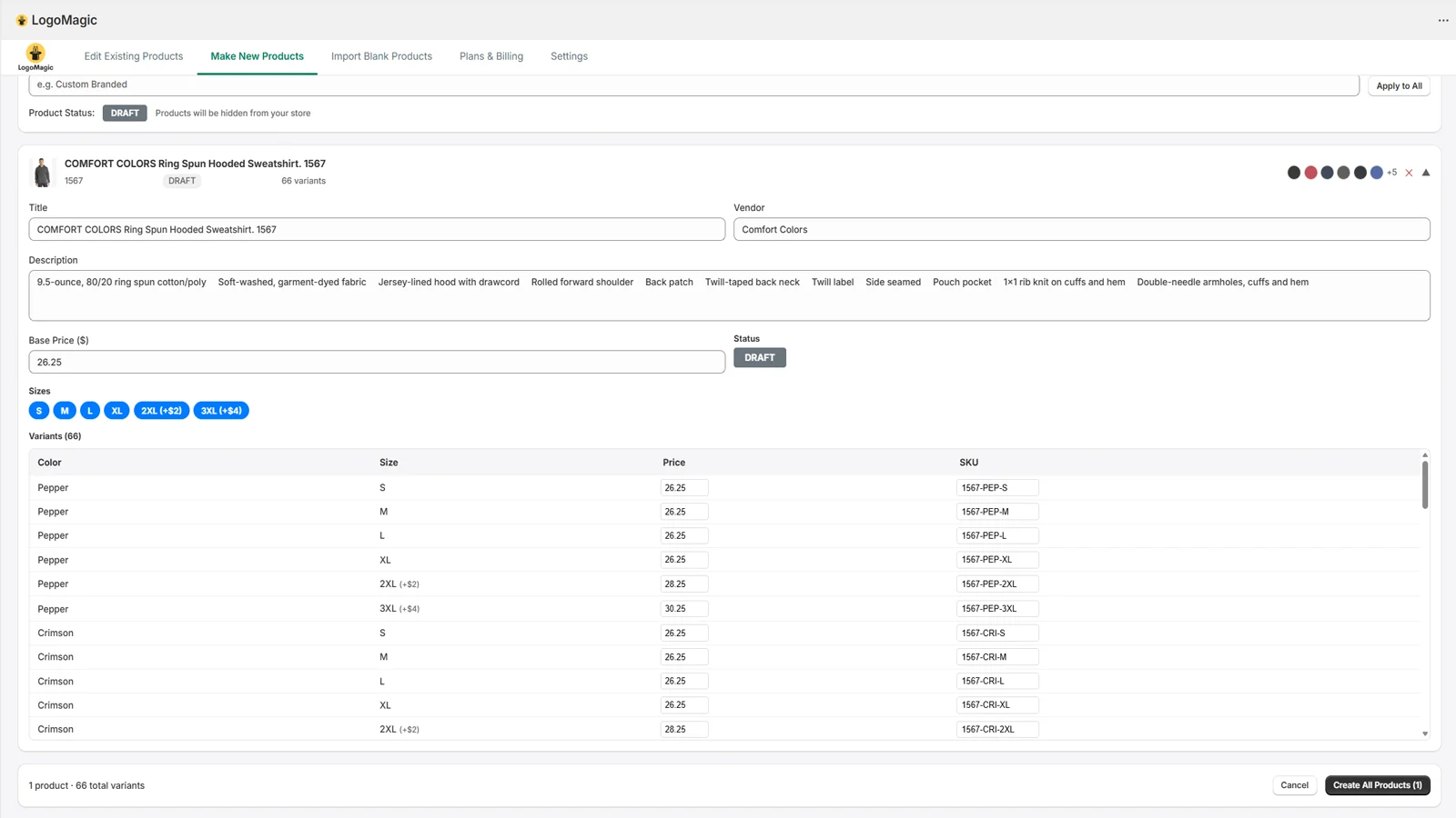 LogoMagic review screen showing product details and variants before publishing